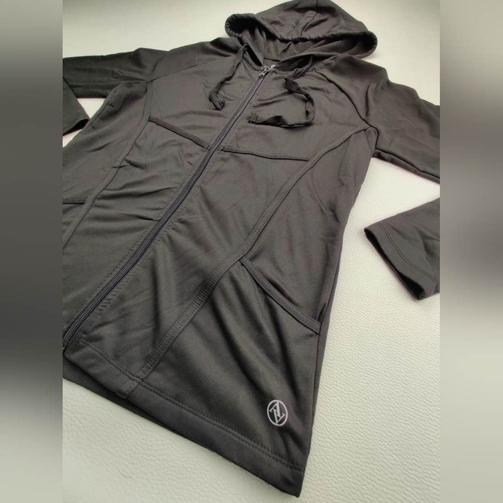 Adrienne Vittadini Sport Black Criss Cross Hooded Zip Jacket Women's Small - Picture 3 of 5